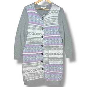 Christopher & Banks‎ Fair Isle Cardigan Sweater Duster Women's L Gray Purple New